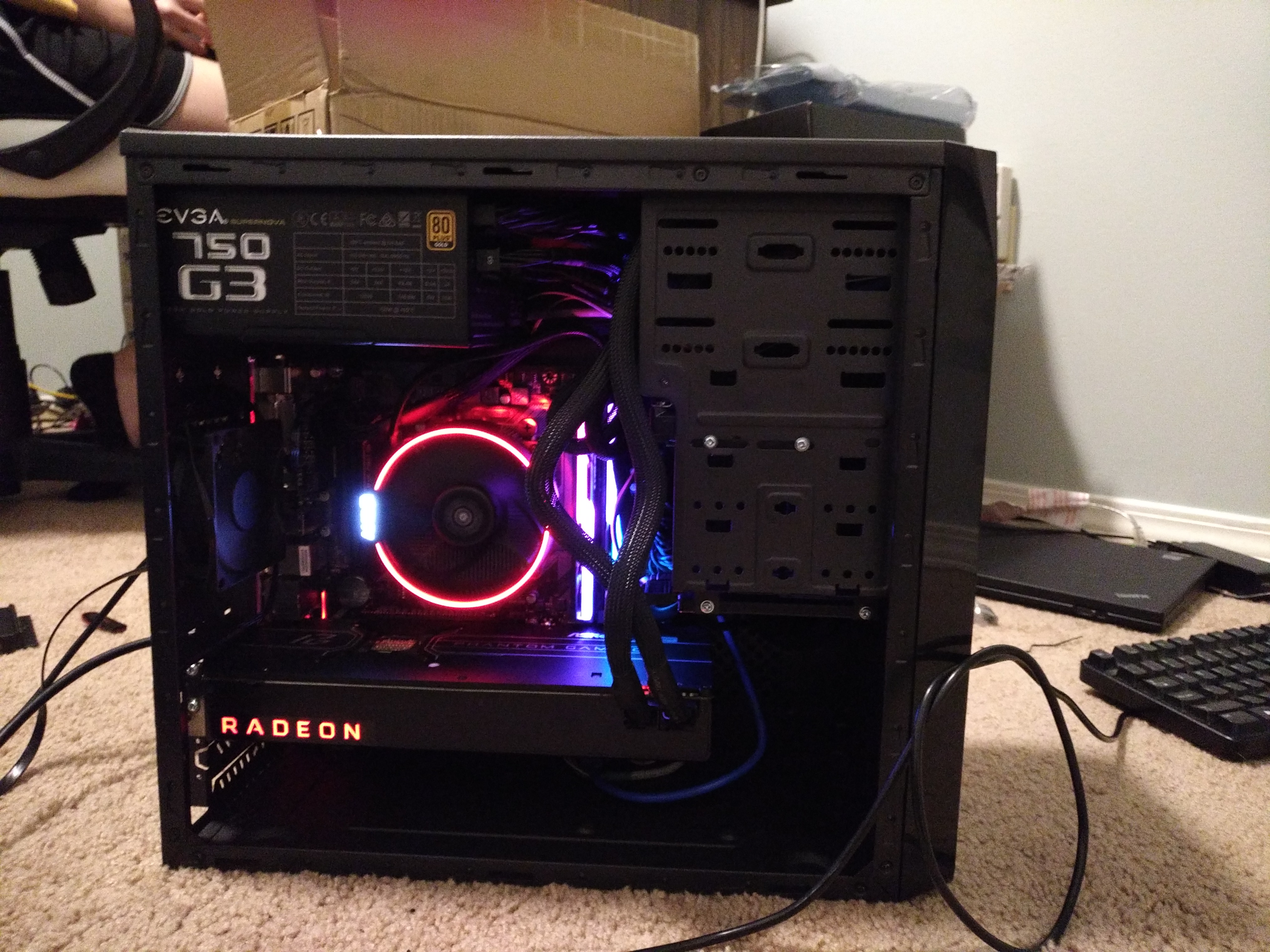 Complete amd computer build, the word RADEON is lit up in red on the side of the gpu and the ram is a vibrant rainbow